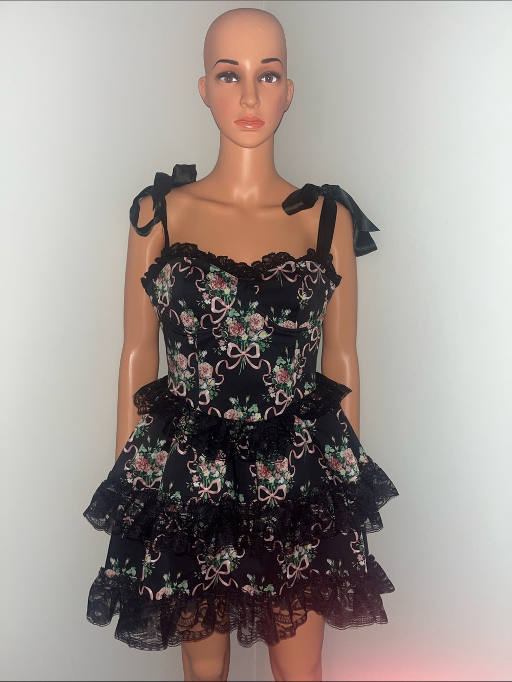 ‼️Dolls Kill X Widow‼️ Floral Tulle Dress Black Pink Bow Print Size Small